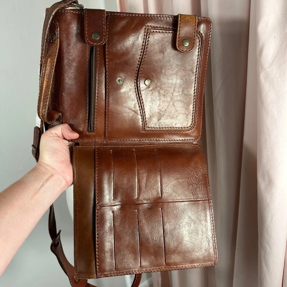 Vintage Genuine Leather Organizer Crossbody Bag Brown Messenger Purse Travel